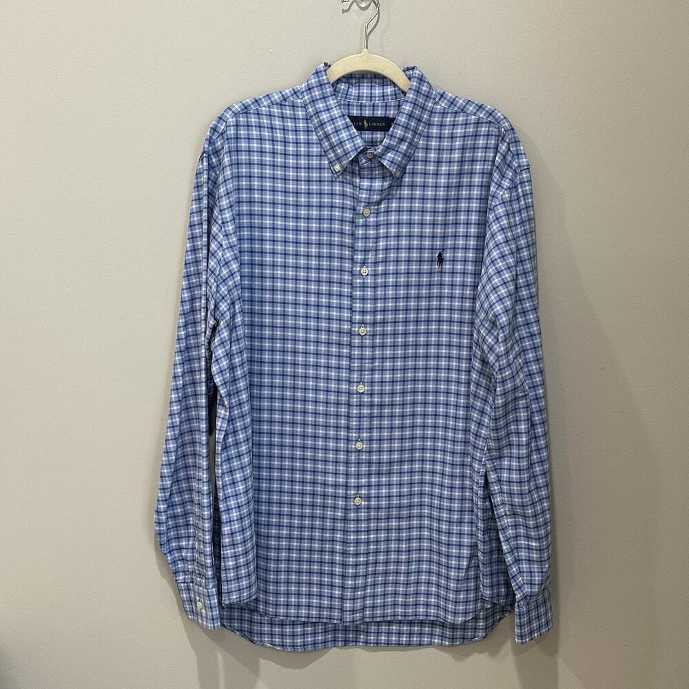 Polo Ralph Lauren Performance Shirt Mens 2XL‎ XXL Blue Plaid Classic Fit Button